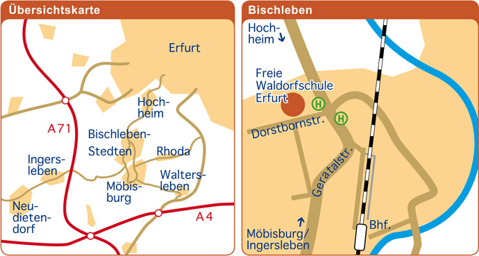 Die Lage der Schule in Bezug zu Erfurt und in Bischleben im Überblick. <em>Foto: eigene Darstellung, Freie Waldorfschule Erfurt</em>